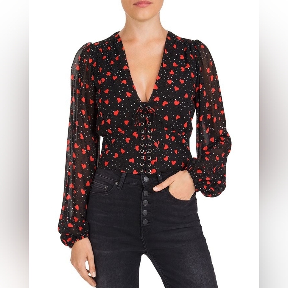 THE KOOPLES Lace Up Front Heart Print Crepe Top